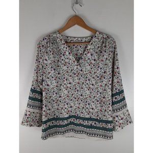 Collective Concepts Women's White Floral Long Sleeve Top Blouse V-Neck S